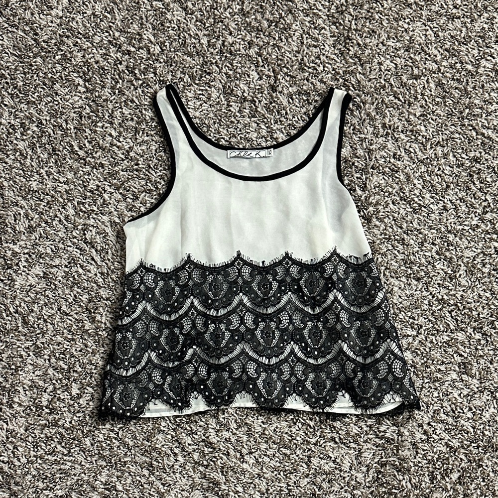 CHLOE K Sleeveless Ivory-White Stretch Black Lace Eyelash Trim Chiffon Top